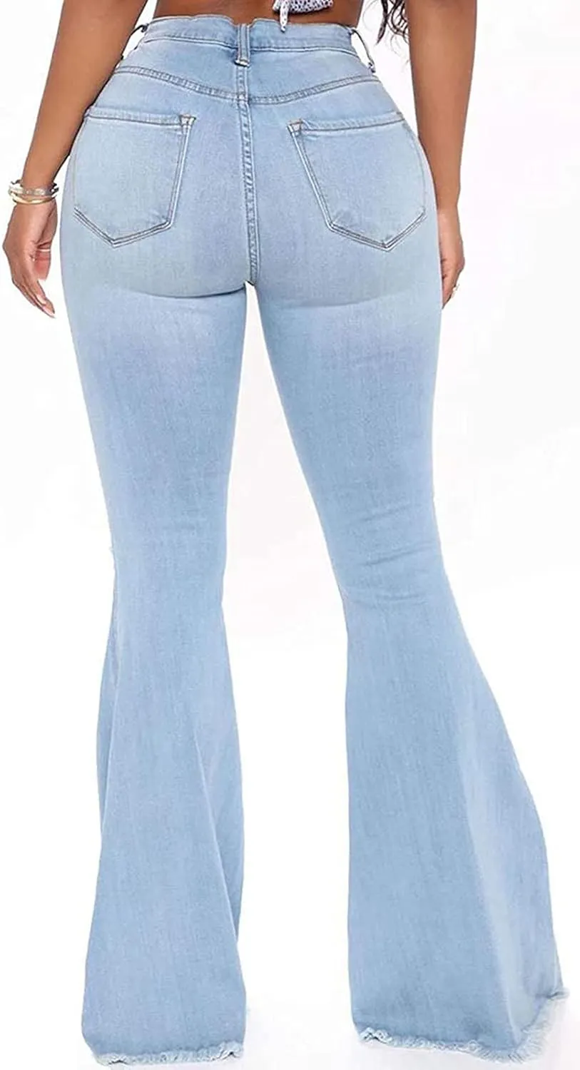 Bell Bottom Jeans for Women Vintage High Waisted Ripped Hole Raw Hem Denim Flare Jeans Pants