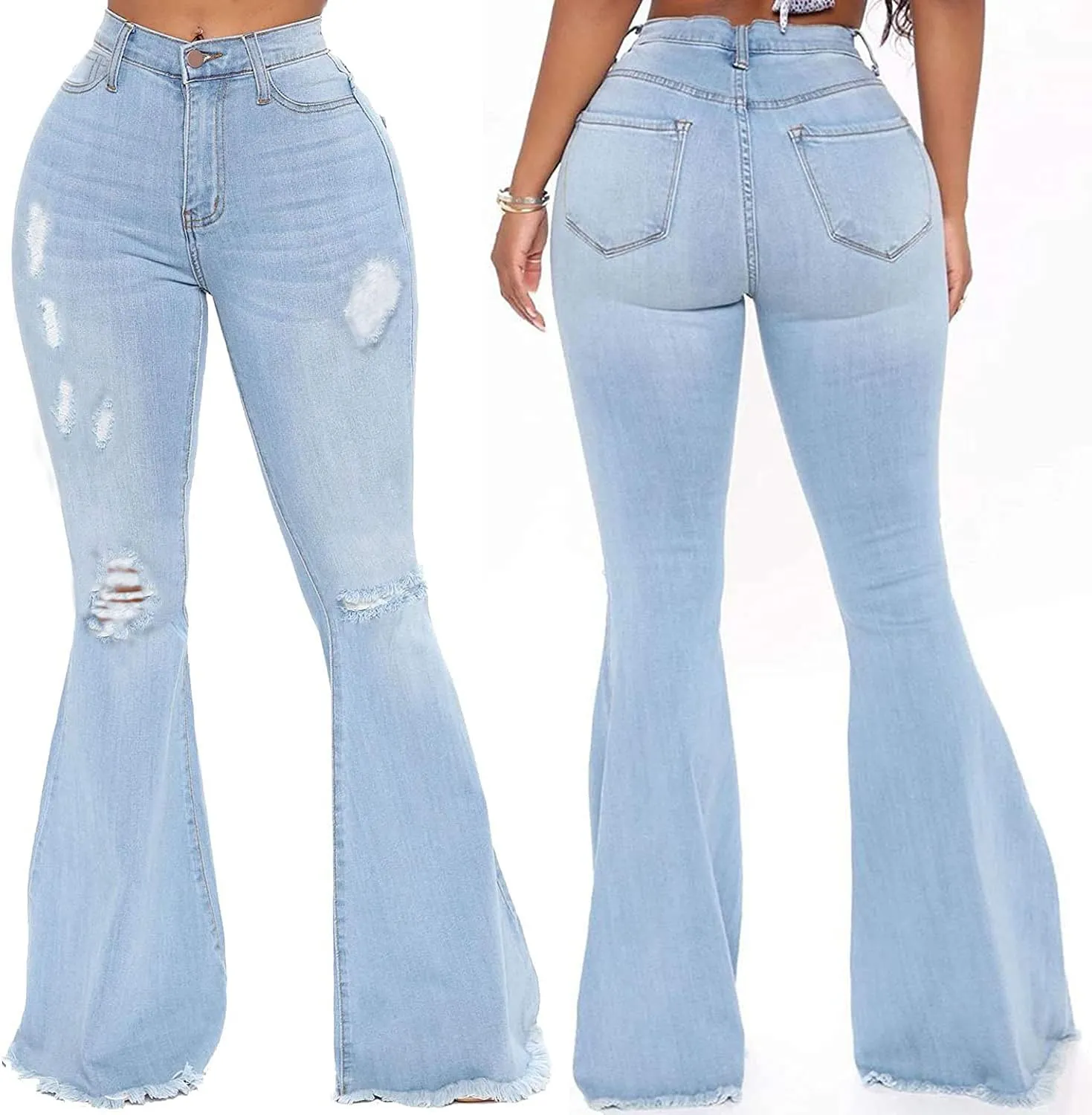 Bell Bottom Jeans for Women Vintage High Waisted Ripped Hole Raw Hem Denim Flare Jeans Pants