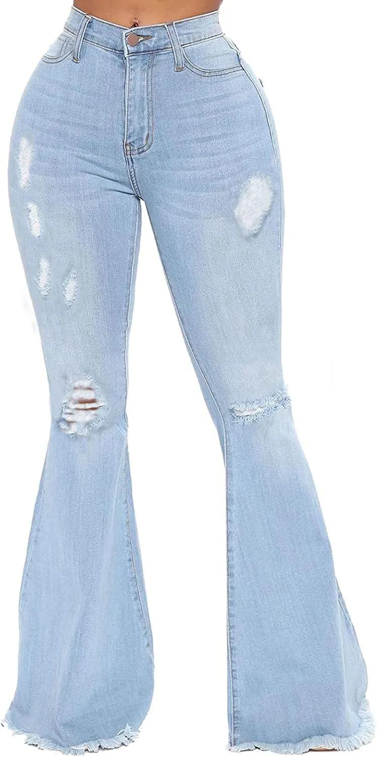 Bell Bottom Jeans for Women Vintage High Waisted Ripped Hole Raw Hem Denim Flare Jeans Pants