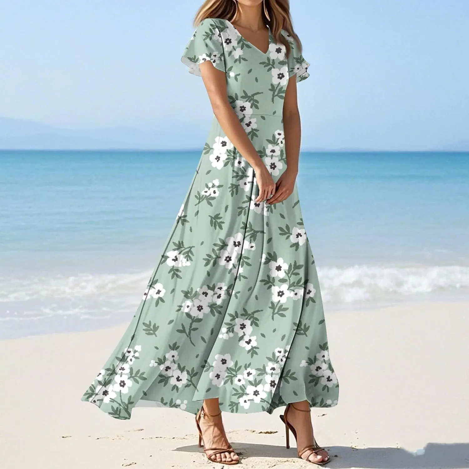 Boho Dresses for Women 2025 Floral Maxi Dress - Short Sleeve Summer Wedding Guest Dress Empire Waist Modest Midi Dresses