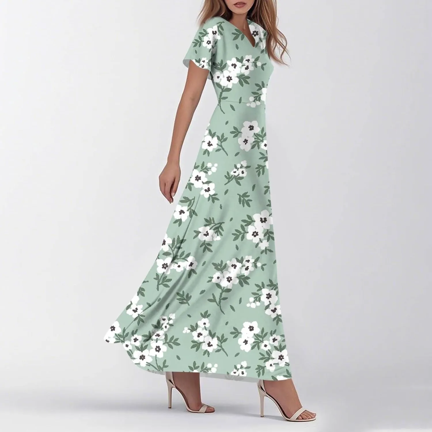 Boho Dresses for Women 2025 Floral Maxi Dress - Short Sleeve Summer Wedding Guest Dress Empire Waist Modest Midi Dresses