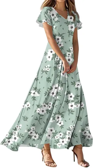 Boho Dresses for Women 2025 Floral Maxi Dress - Short Sleeve Summer Wedding Guest Dress Empire Waist Modest Midi Dresses