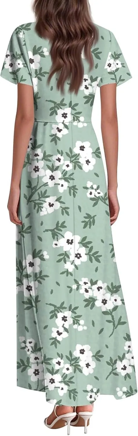 Boho Dresses for Women 2025 Floral Maxi Dress - Short Sleeve Summer Wedding Guest Dress Empire Waist Modest Midi Dresses