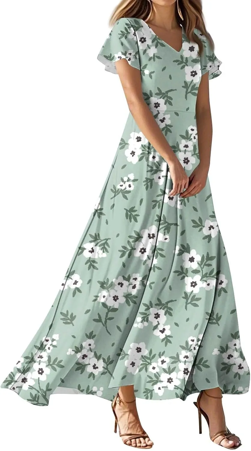 Boho Dresses for Women 2025 Floral Maxi Dress - Short Sleeve Summer Wedding Guest Dress Empire Waist Modest Midi Dresses