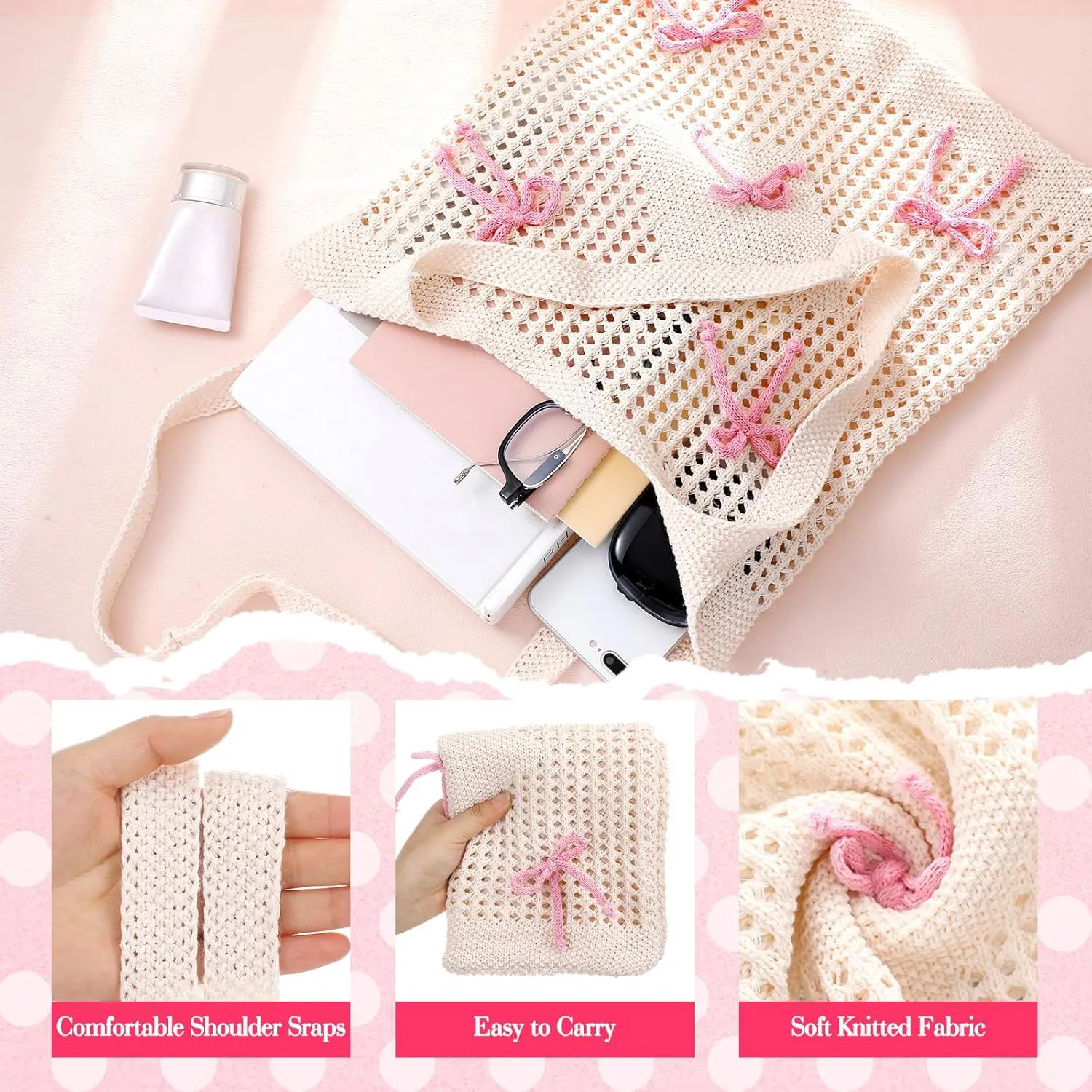 Bow Beach Bag Coquette Bow Tote Bag for Women Cute Preppy Shoulder Handbag for Girls Summer Beach Shopping