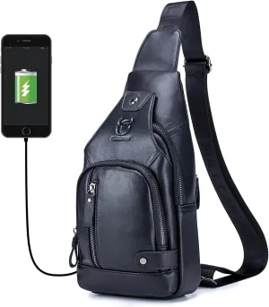 BULLCAPTAIN Men Crossbody Bag with USB Charging Port Genuine Leather Shoulder Sling Chest Bag Travel Hiking Backpack (Black)