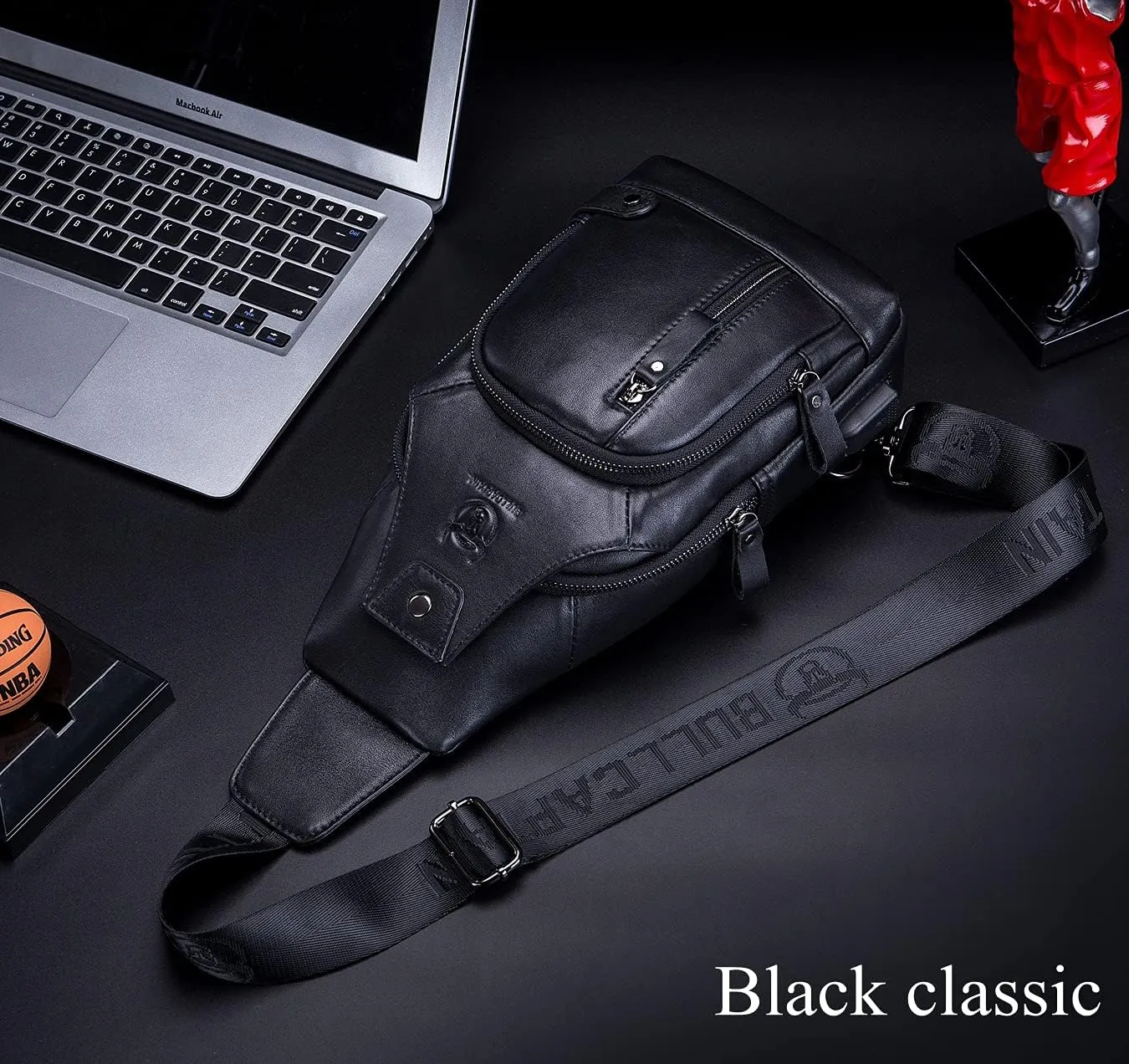 BULLCAPTAIN Men Crossbody Bag with USB Charging Port Genuine Leather Shoulder Sling Chest Bag Travel Hiking Backpack (Black)