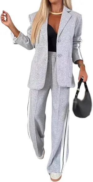 Canbebig Womens 2 Piece Outfits Double Breasted Blazer and Wide Leg Work Pants Casual Blazer Sets Dressy Suits with Pockets