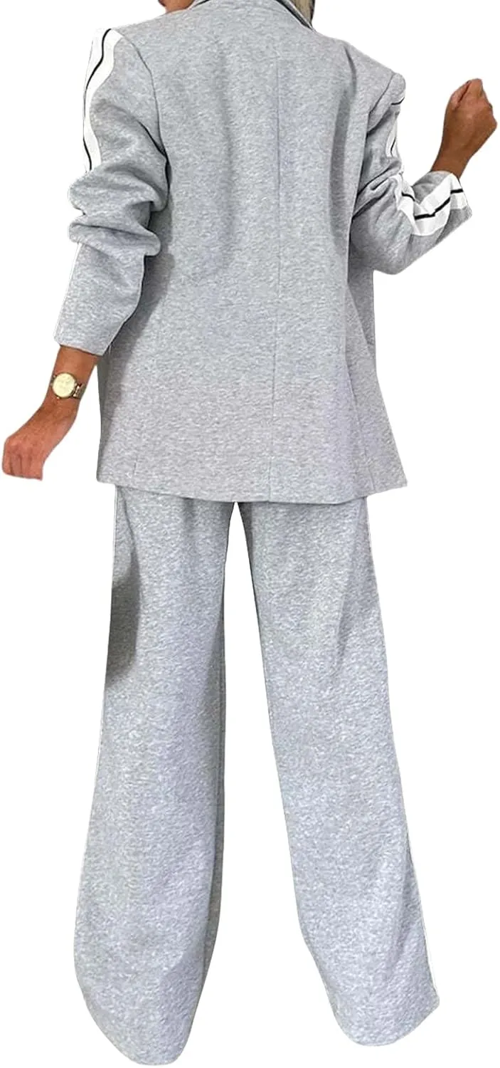 Canbebig Womens 2 Piece Outfits Double Breasted Blazer and Wide Leg Work Pants Casual Blazer Sets Dressy Suits with Pockets