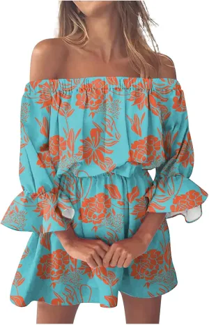Ceboyel Womens Floral Ruffle Dress Off The Shoulder Summer Skater Dresses Boho Short Sundress Cruise Beach Vacation Clothes