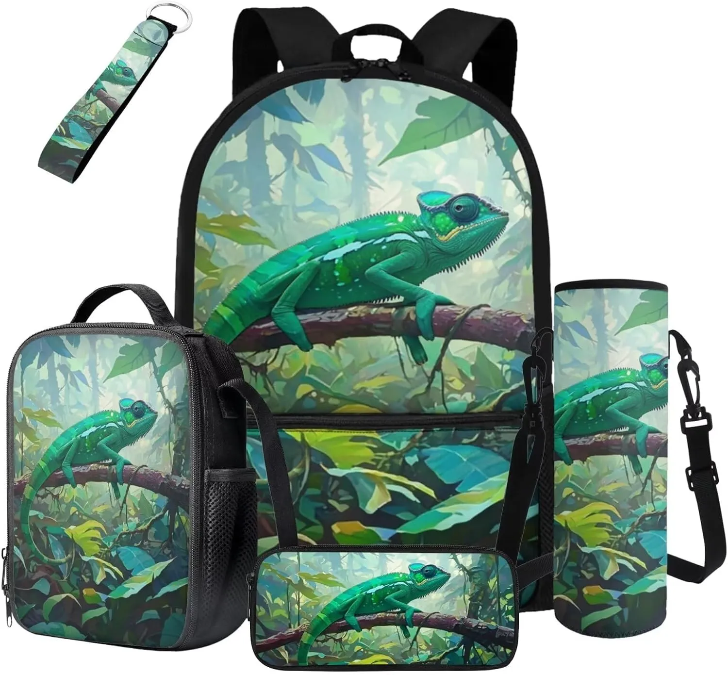 Chameleon Backpack Set for Kids Cool Boys Bookbag with Lunch Bag Pencil Case Keychain for Elementary Middle School Lightweight Kids School Bag Set 17 Inch Hiking Daypack