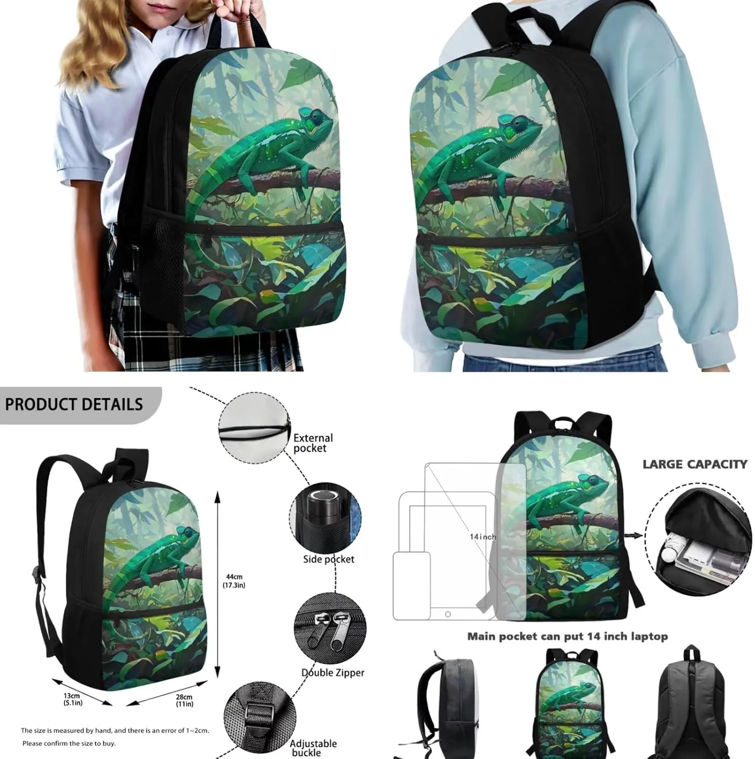 Chameleon Backpack Set for Kids Cool Boys Bookbag with Lunch Bag Pencil Case Keychain for Elementary Middle School Lightweight Kids School Bag Set 17 Inch Hiking Daypack