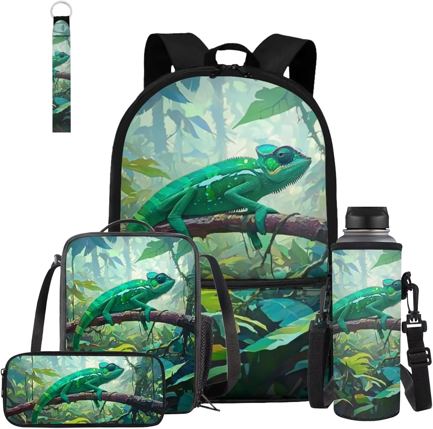 Chameleon Backpack Set for Kids Cool Boys Bookbag with Lunch Bag Pencil Case Keychain for Elementary Middle School Lightweight Kids School Bag Set 17 Inch Hiking Daypack
