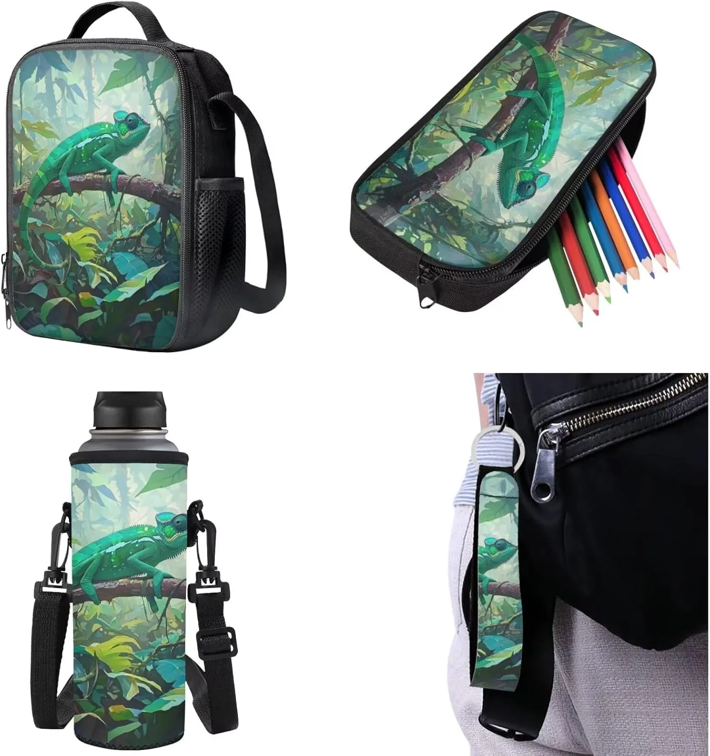 Chameleon Backpack Set for Kids Cool Boys Bookbag with Lunch Bag Pencil Case Keychain for Elementary Middle School Lightweight Kids School Bag Set 17 Inch Hiking Daypack