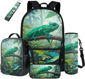 Chameleon Backpack Set for Kids Cool Boys Bookbag with Lunch Bag Pencil Case Keychain for Elementary Middle School Lightweight Kids School Bag Set 17 Inch Hiking Daypack