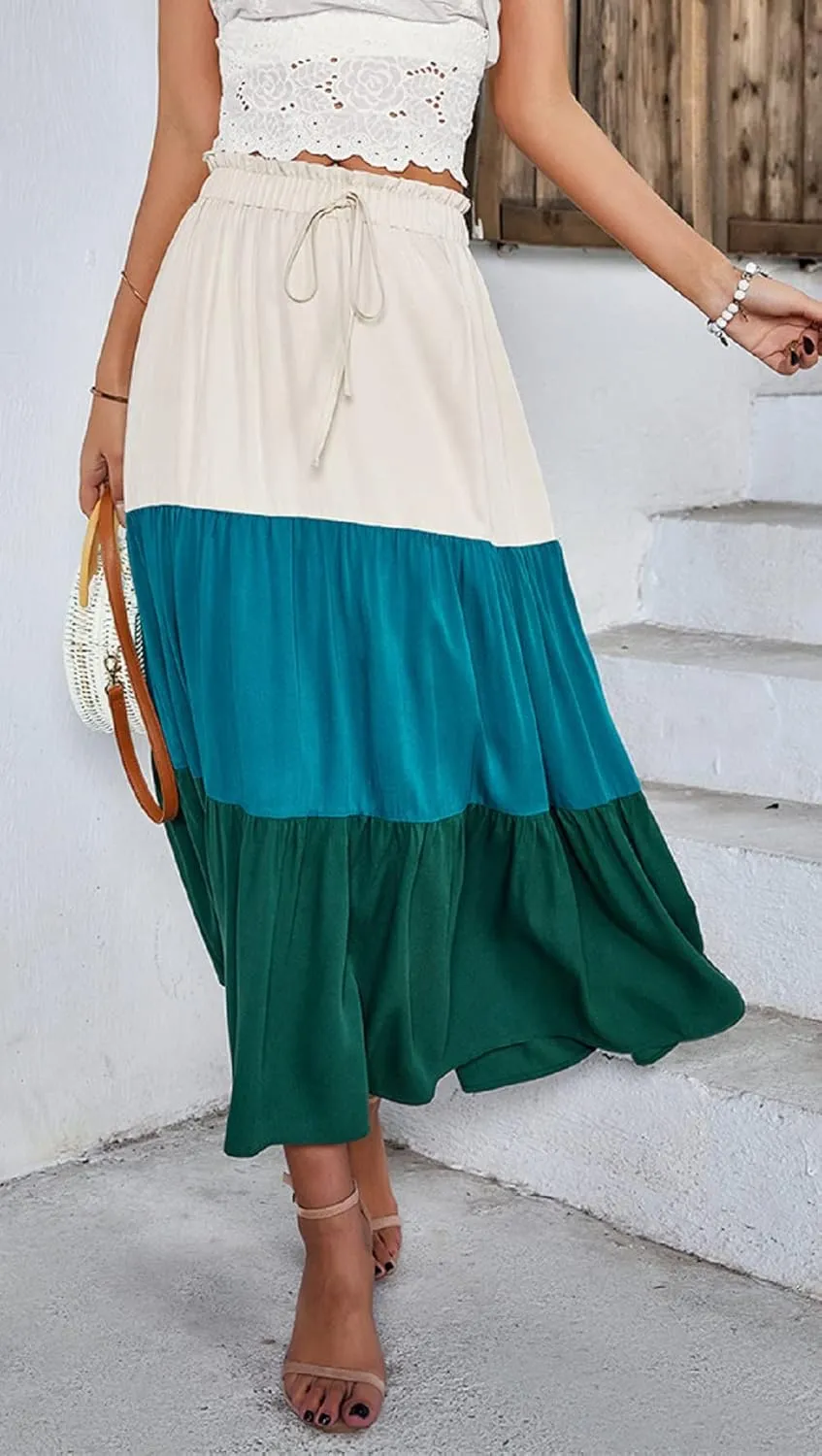 CHARTOU Women's Summer Drawstring Waist Flared Color Block Pleated Swing A-Line Midi Long Skirt