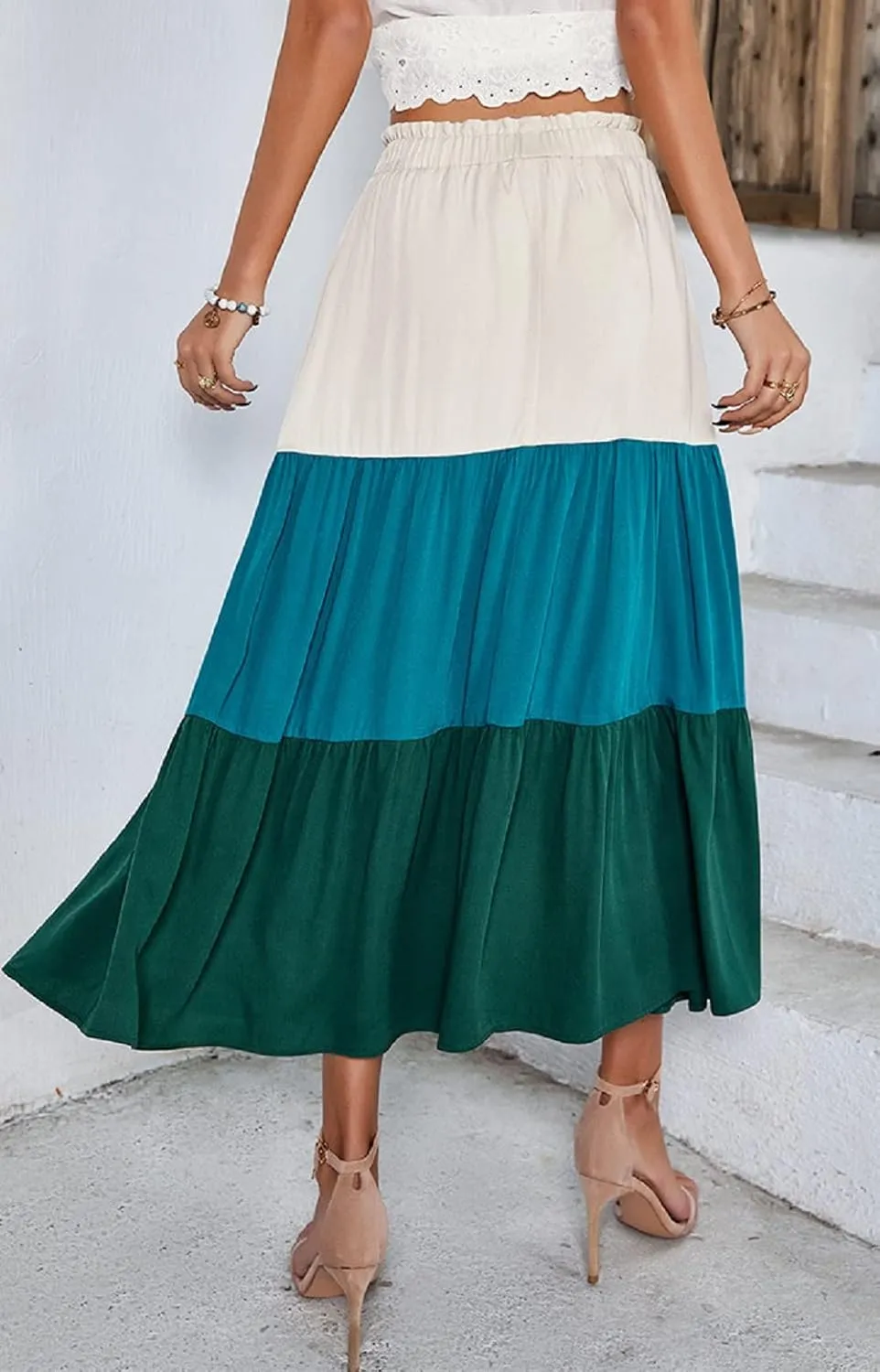 CHARTOU Women's Summer Drawstring Waist Flared Color Block Pleated Swing A-Line Midi Long Skirt