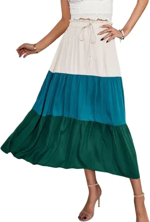 CHARTOU Women's Summer Drawstring Waist Flared Color Block Pleated Swing A-Line Midi Long Skirt