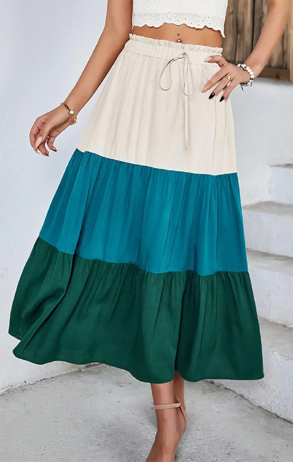 CHARTOU Women's Summer Drawstring Waist Flared Color Block Pleated Swing A-Line Midi Long Skirt