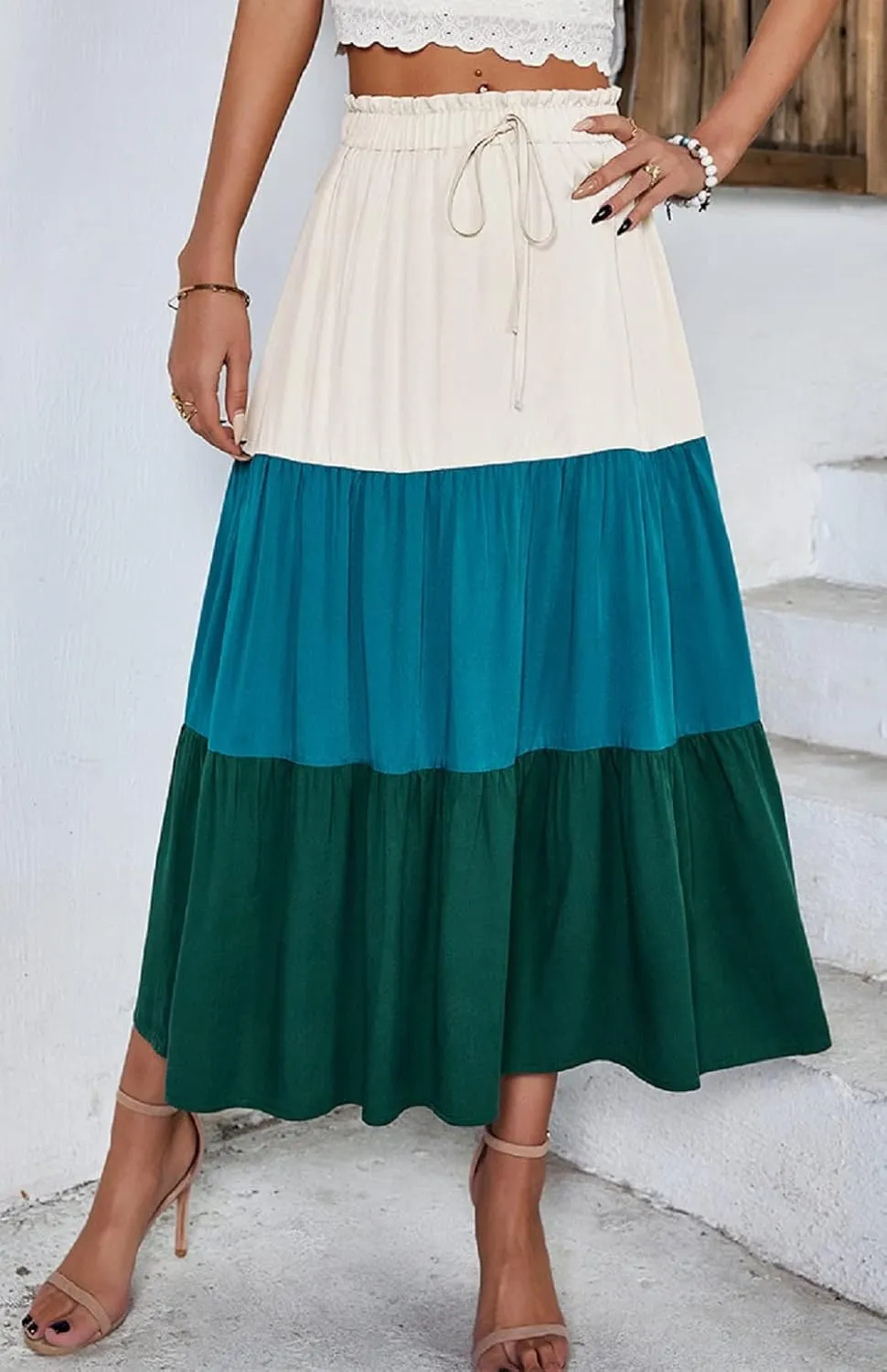 CHARTOU Women's Summer Drawstring Waist Flared Color Block Pleated Swing A-Line Midi Long Skirt
