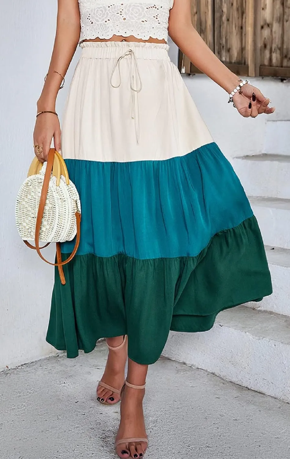 CHARTOU Women's Summer Drawstring Waist Flared Color Block Pleated Swing A-Line Midi Long Skirt