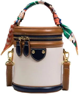 Colorblock Bucket Bag for Women, Retro Contrasting Color Cylinder Bag, PU Portable Crossbody Bag.