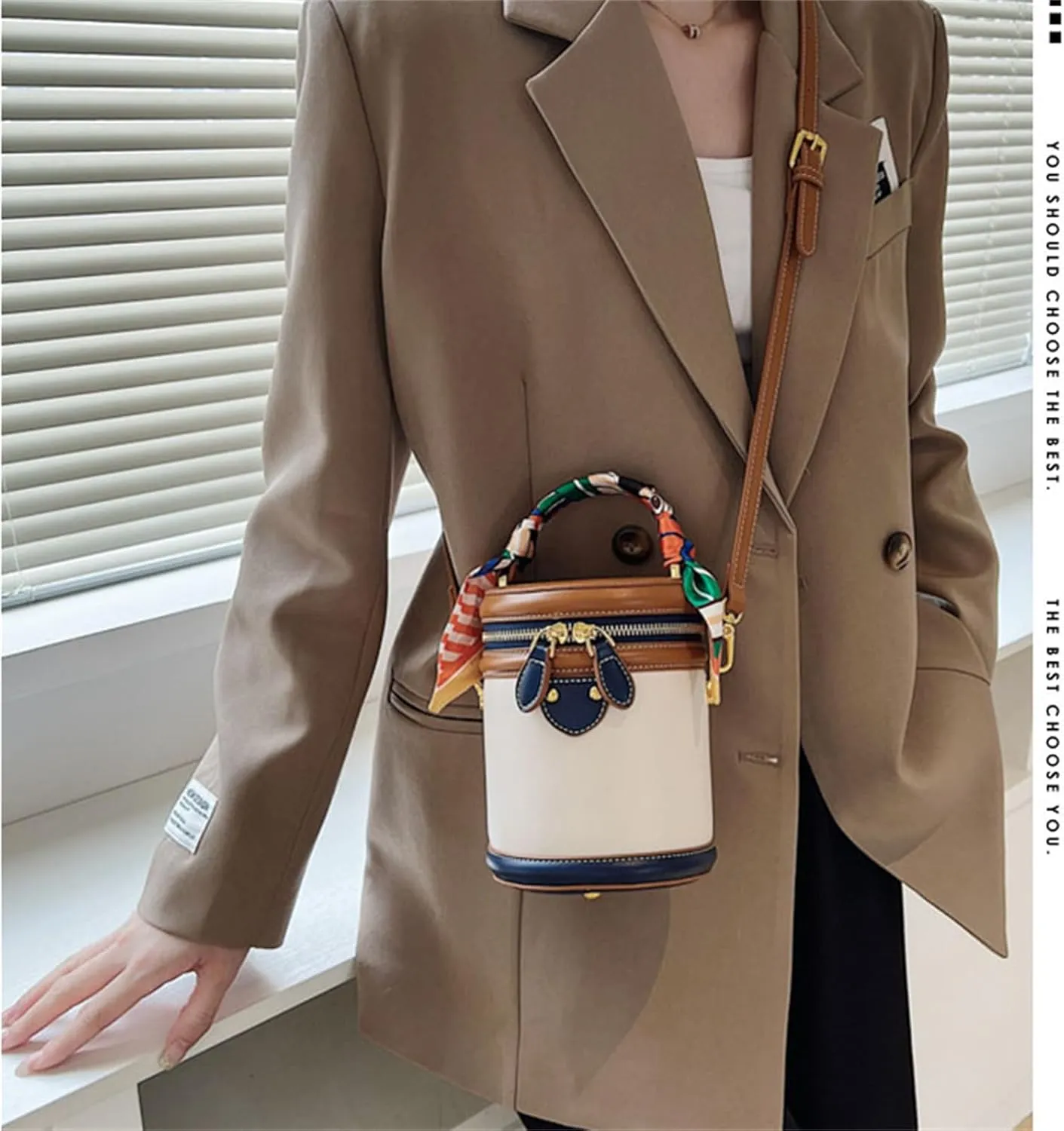 Colorblock Bucket Bag for Women, Retro Contrasting Color Cylinder Bag, PU Portable Crossbody Bag.