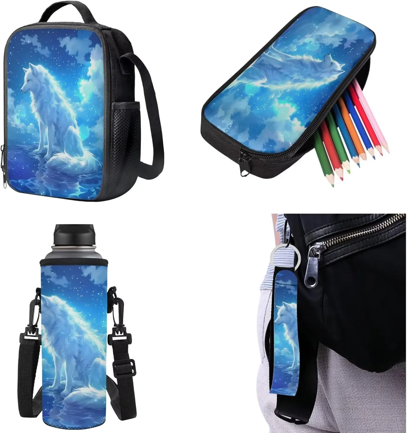 Cool Wolf Backpack for Kids 8-12 Boys School Bag with Lunch Box Set of 5 Pcs 17 Inch Boys Bookbag with Front Pockets for Elementary School Back Pack for Teens Rucksack Satchel