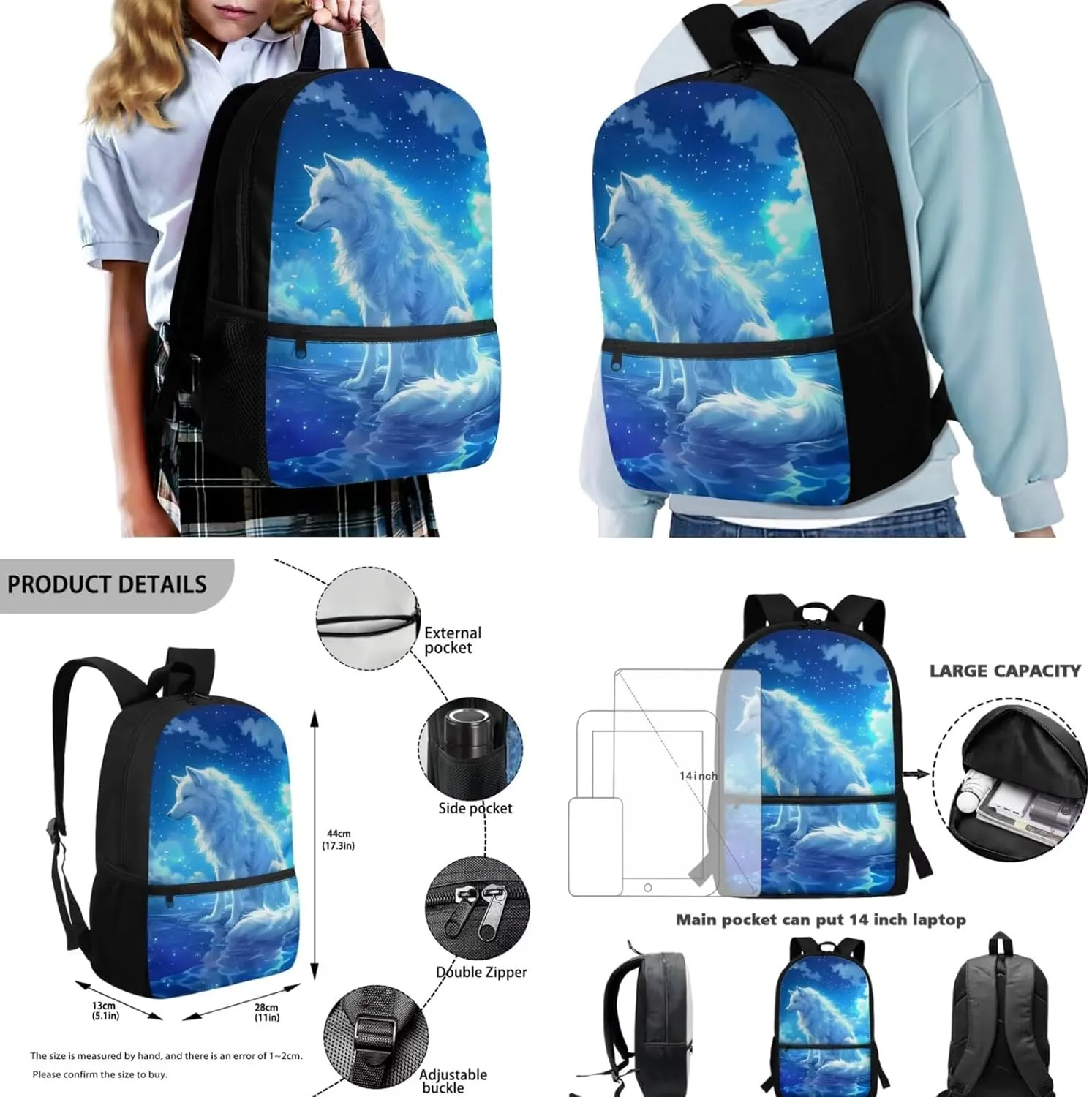 Cool Wolf Backpack for Kids 8-12 Boys School Bag with Lunch Box Set of 5 Pcs 17 Inch Boys Bookbag with Front Pockets for Elementary School Back Pack for Teens Rucksack Satchel