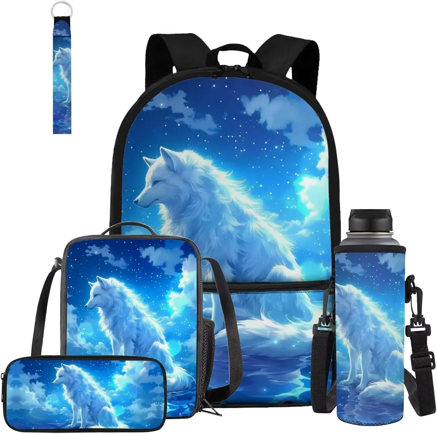 Cool Wolf Backpack for Kids 8-12 Boys School Bag with Lunch Box Set of 5 Pcs 17 Inch Boys Bookbag with Front Pockets for Elementary School Back Pack for Teens Rucksack Satchel