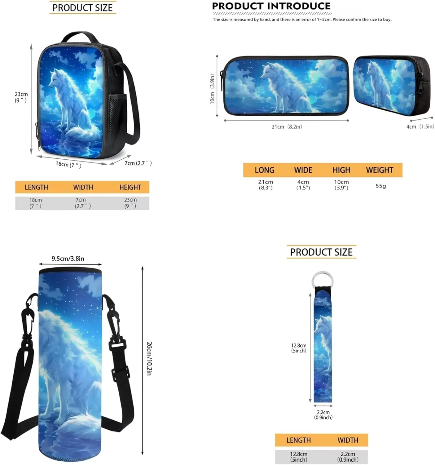 Cool Wolf Backpack for Kids 8-12 Boys School Bag with Lunch Box Set of 5 Pcs 17 Inch Boys Bookbag with Front Pockets for Elementary School Back Pack for Teens Rucksack Satchel