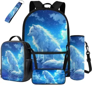 Cool Wolf Backpack for Kids 8-12 Boys School Bag with Lunch Box Set of 5 Pcs 17 Inch Boys Bookbag with Front Pockets for Elementary School Back Pack for Teens Rucksack Satchel