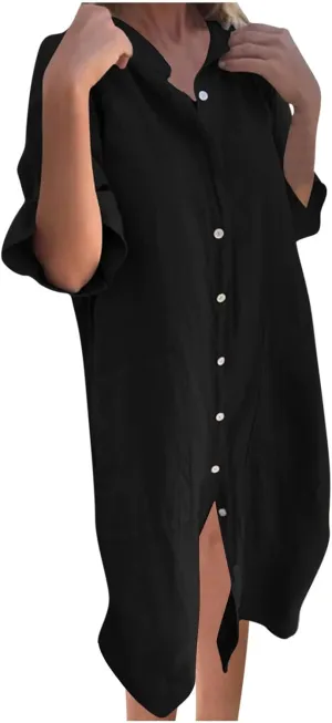 Cotton Linen Shirt Dress for Women Summer Button-Down Blouse Tops Flowy Loose A-Line Midi Dress Tunic Dress Plus Size