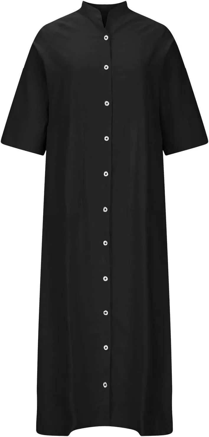 Cotton Linen Shirt Dress for Women Summer Button-Down Blouse Tops Flowy Loose A-Line Midi Dress Tunic Dress Plus Size