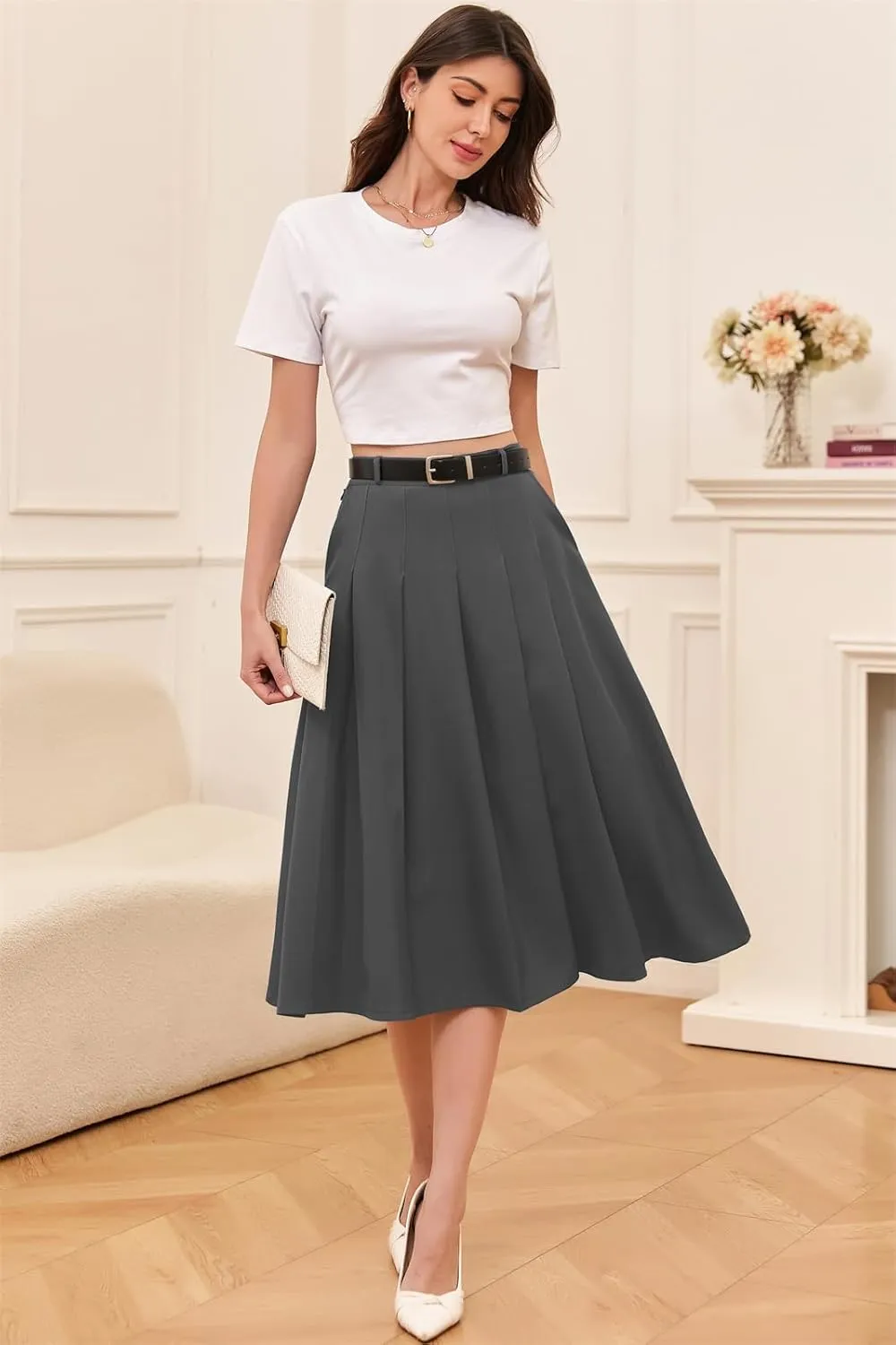 Cromoncent Girls Womens High Waist Pleated Long Skirt with Pockets