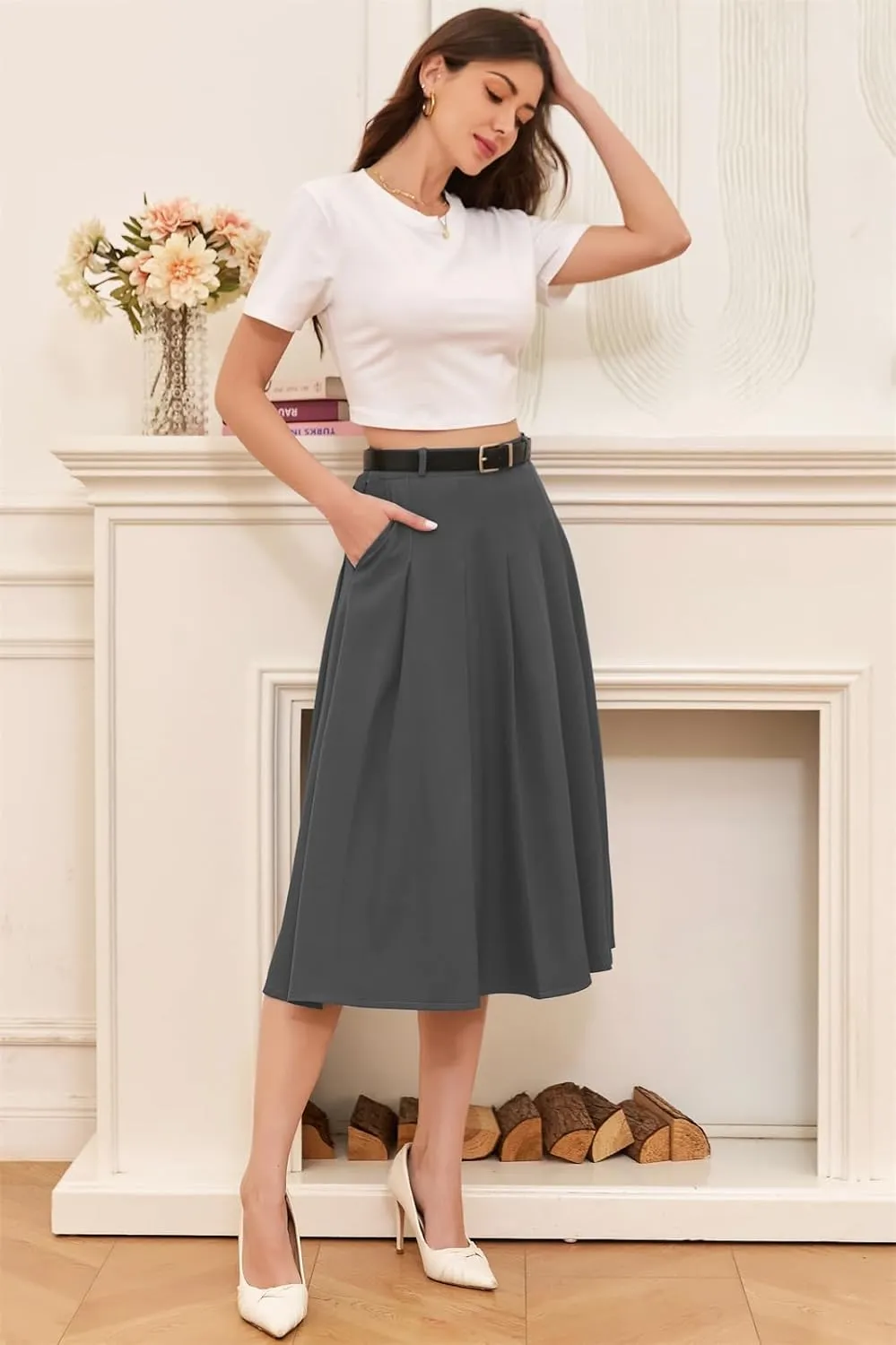 Cromoncent Girls Womens High Waist Pleated Long Skirt with Pockets