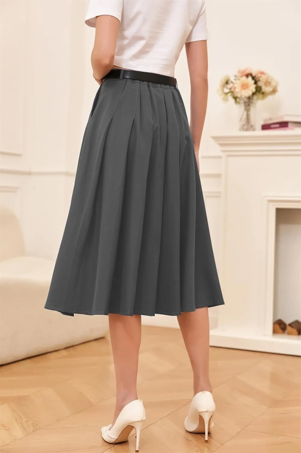 Cromoncent Girls Womens High Waist Pleated Long Skirt with Pockets