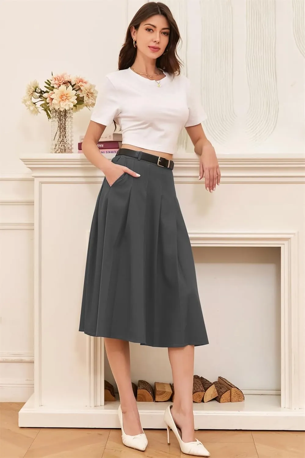Cromoncent Girls Womens High Waist Pleated Long Skirt with Pockets