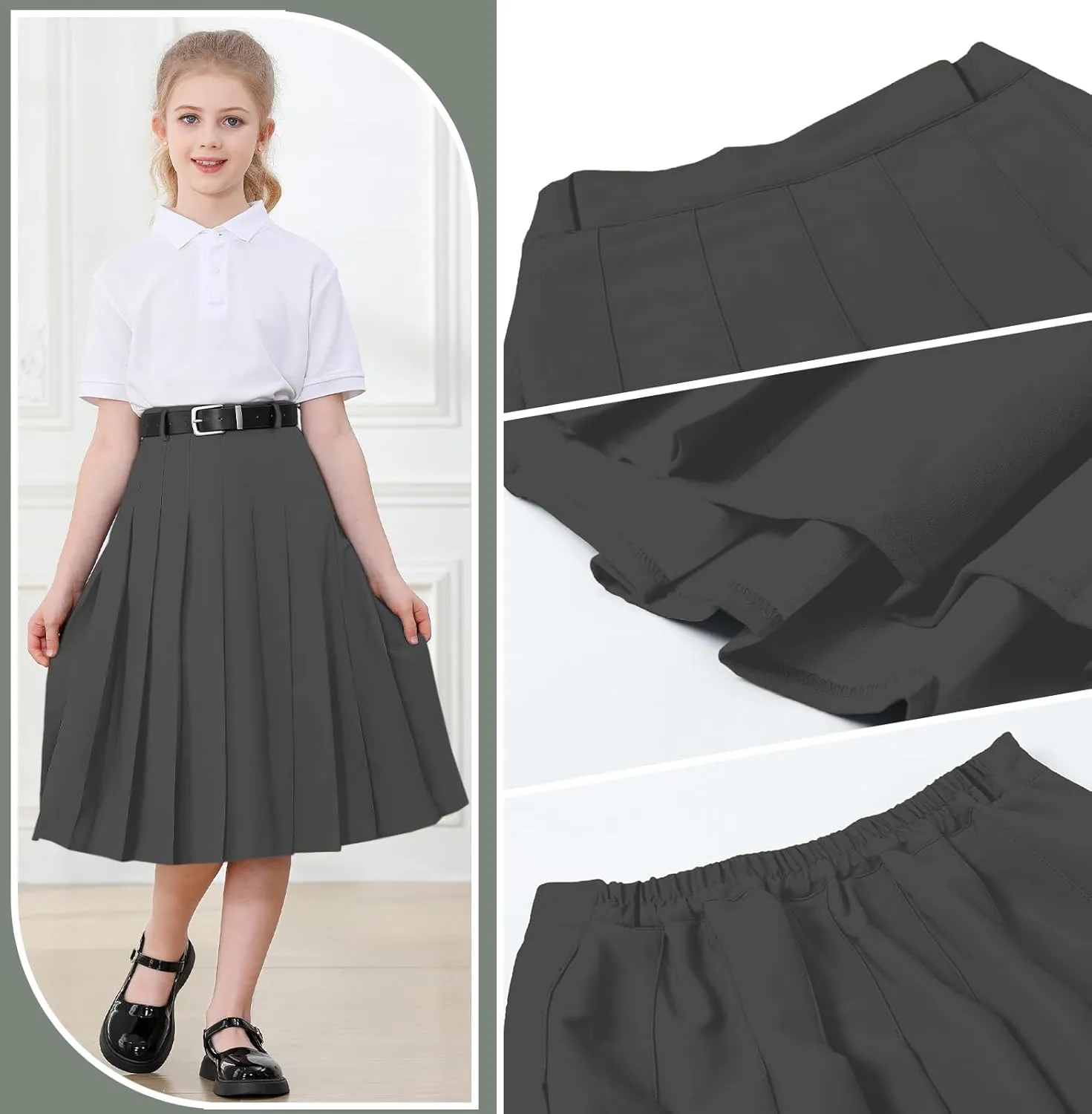 Cromoncent Girls Womens High Waist Pleated Long Skirt with Pockets