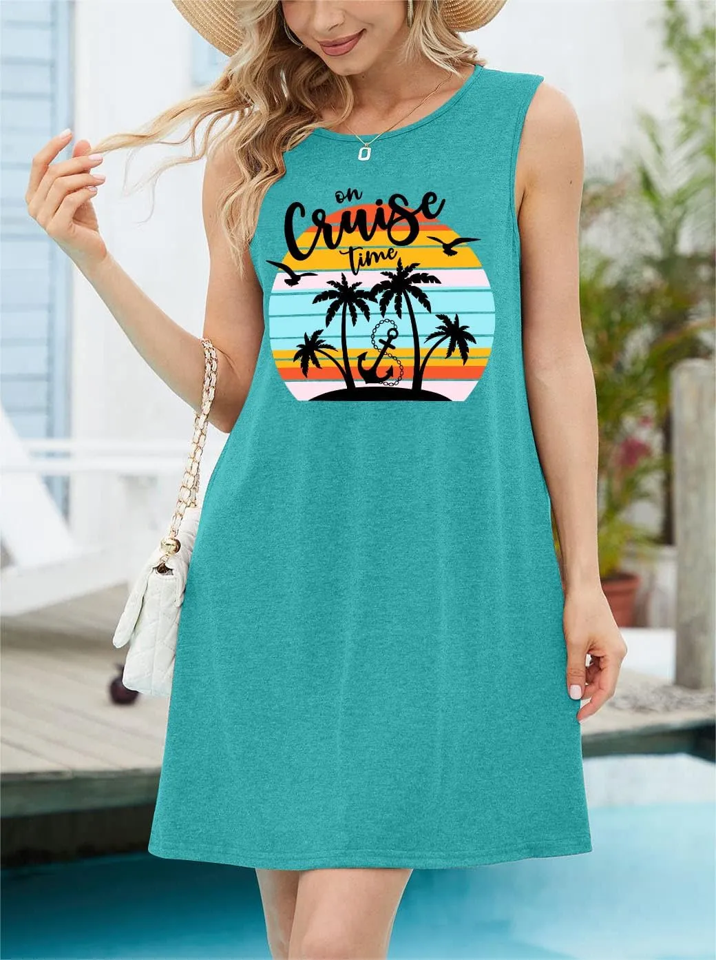 Cruise Tank Mini Dress for Women Tops Summer Graphic Sleeveless Dresses Vacation Beach Party Shirts