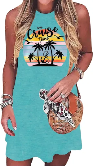 Cruise Tank Mini Dress for Women Tops Summer Graphic Sleeveless Dresses Vacation Beach Party Shirts