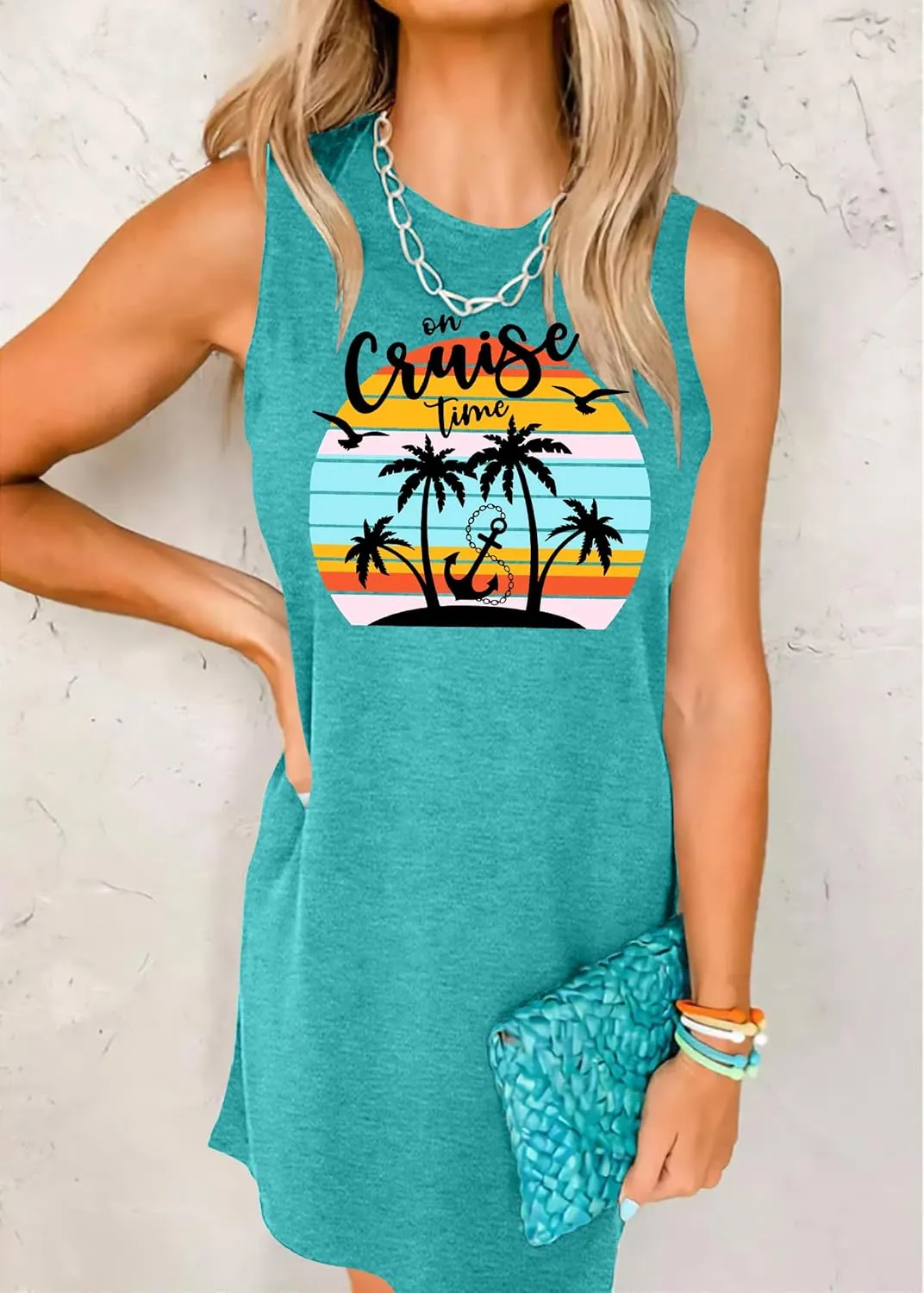 Cruise Tank Mini Dress for Women Tops Summer Graphic Sleeveless Dresses Vacation Beach Party Shirts