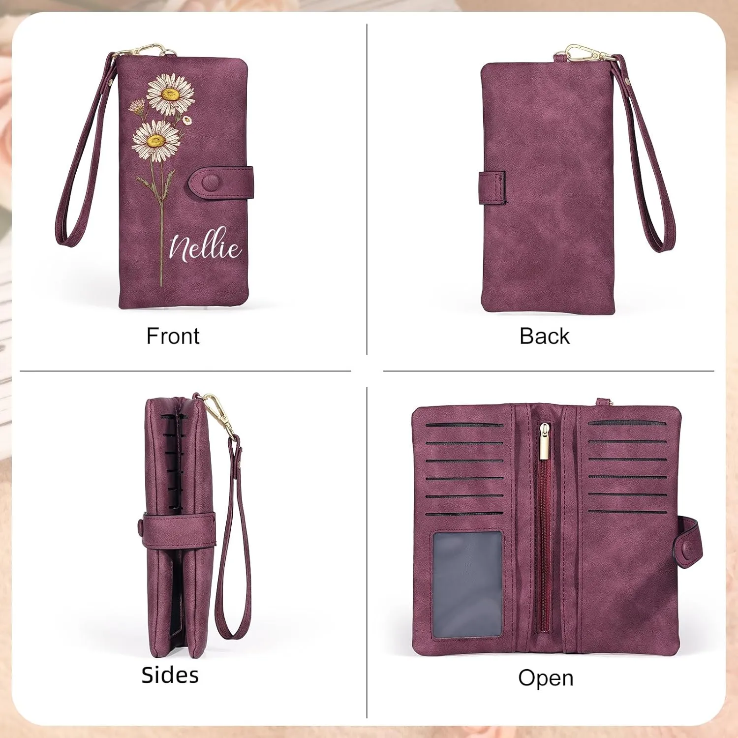 Custom Leather Wallet for Women - Personalized Bi-Fold Wallet with Birth Flower & Name - PU Leather Wallet Gifts for Mom, Wife, Grandma, Her