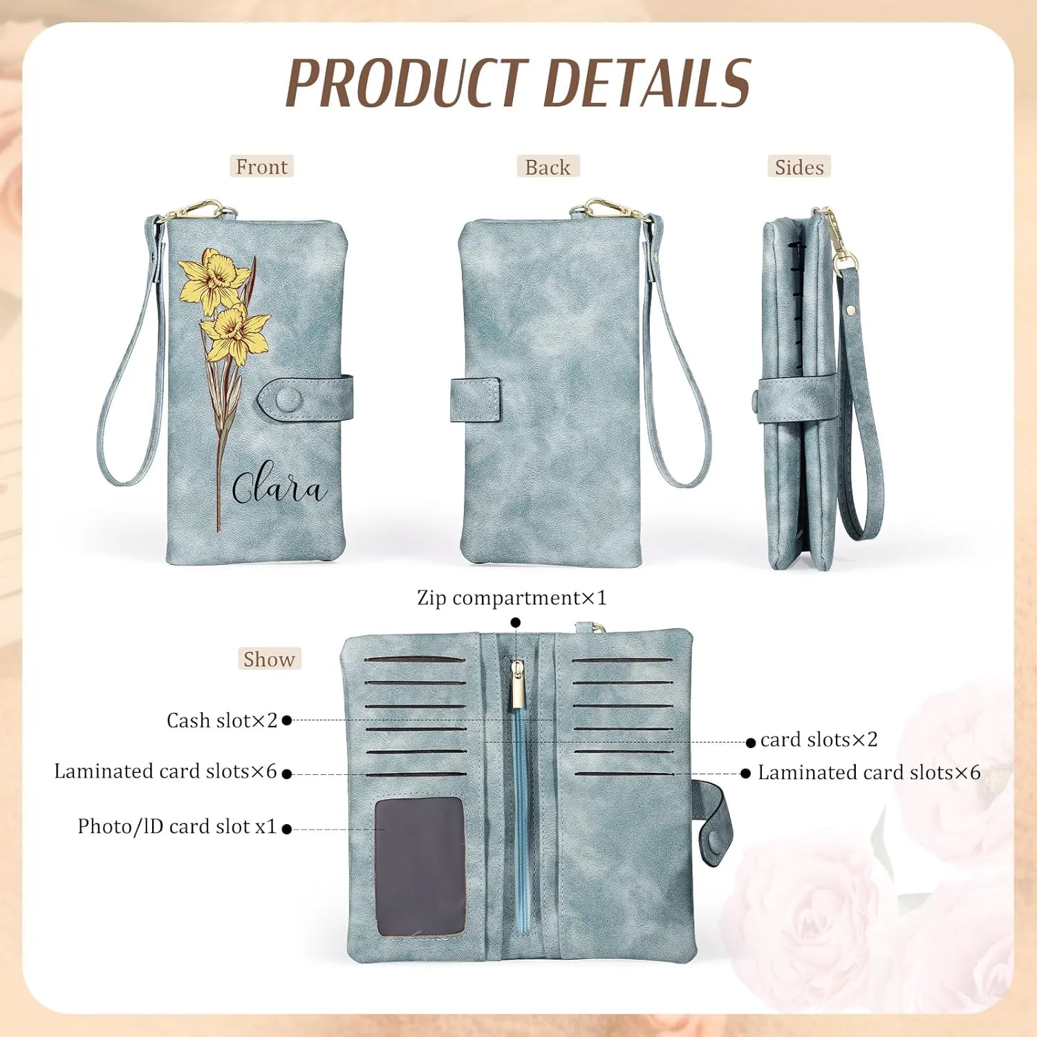 Custom Leather Wallet for Women - Personalized Bi-Fold Wallet with Birth Flower & Name - PU Leather Wallet Gifts for Mom, Wife, Grandma, Her