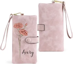 Custom Leather Wallet for Women - Personalized Bi-Fold Wallet with Birth Flower & Name - PU Leather Wallet Gifts for Mom, Wife, Grandma, Her