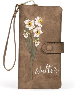 Custom Leather Wallet for Women - Personalized Bi-Fold Wallet with Birth Flower & Name - PU Leather Wallet Gifts for Mom, Wife, Grandma, Her
