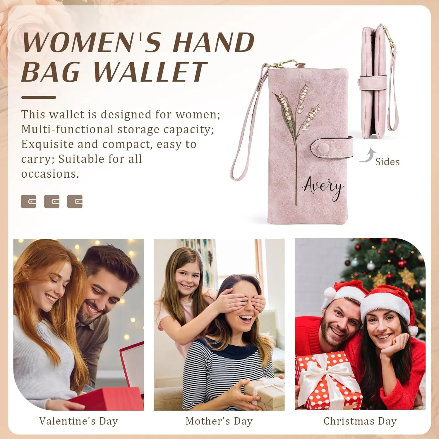 Custom Leather Wallet for Women - Personalized Bi-Fold Wallet with Birth Flower & Name - PU Leather Wallet Gifts for Mom, Wife, Grandma, Her