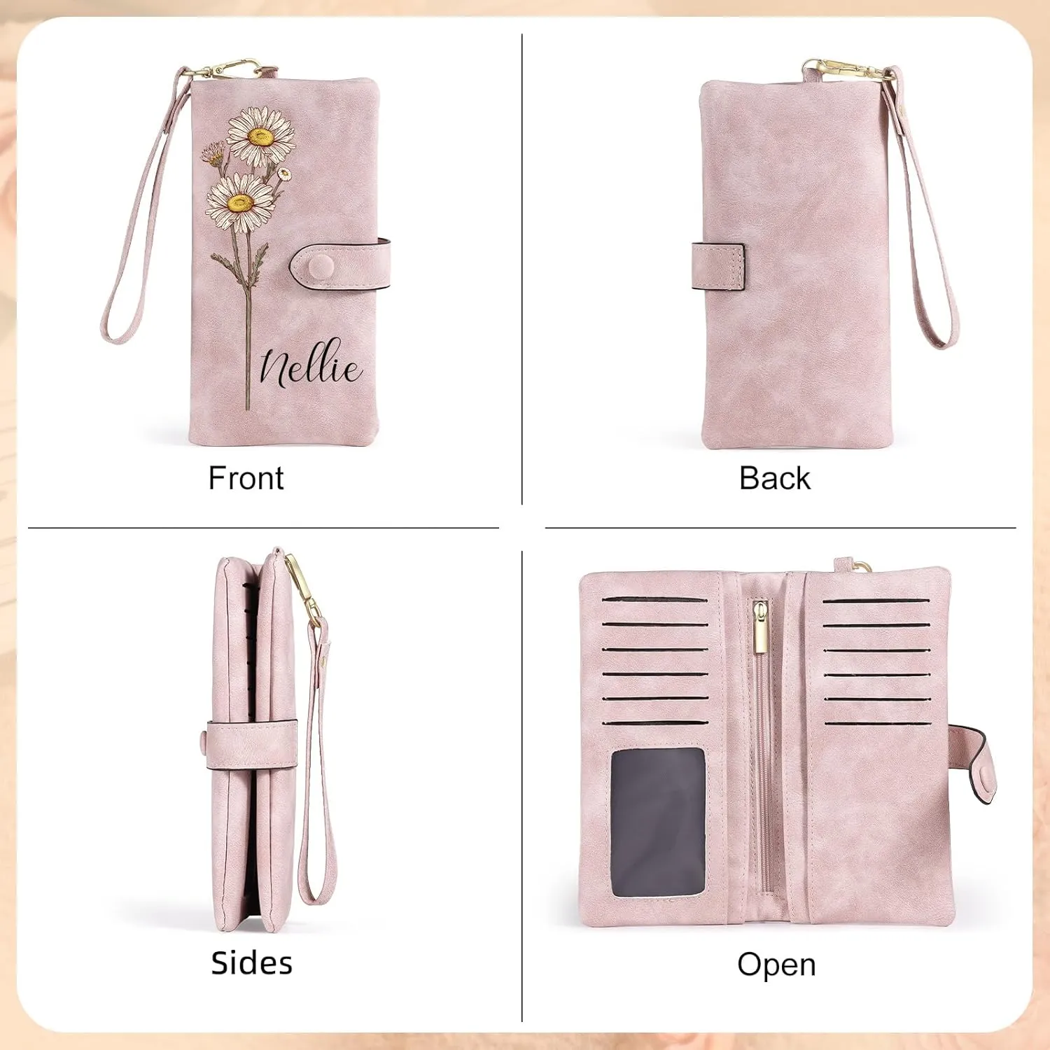 Custom Leather Wallet for Women - Personalized Bi-Fold Wallet with Birth Flower & Name - PU Leather Wallet Gifts for Mom, Wife, Grandma, Her