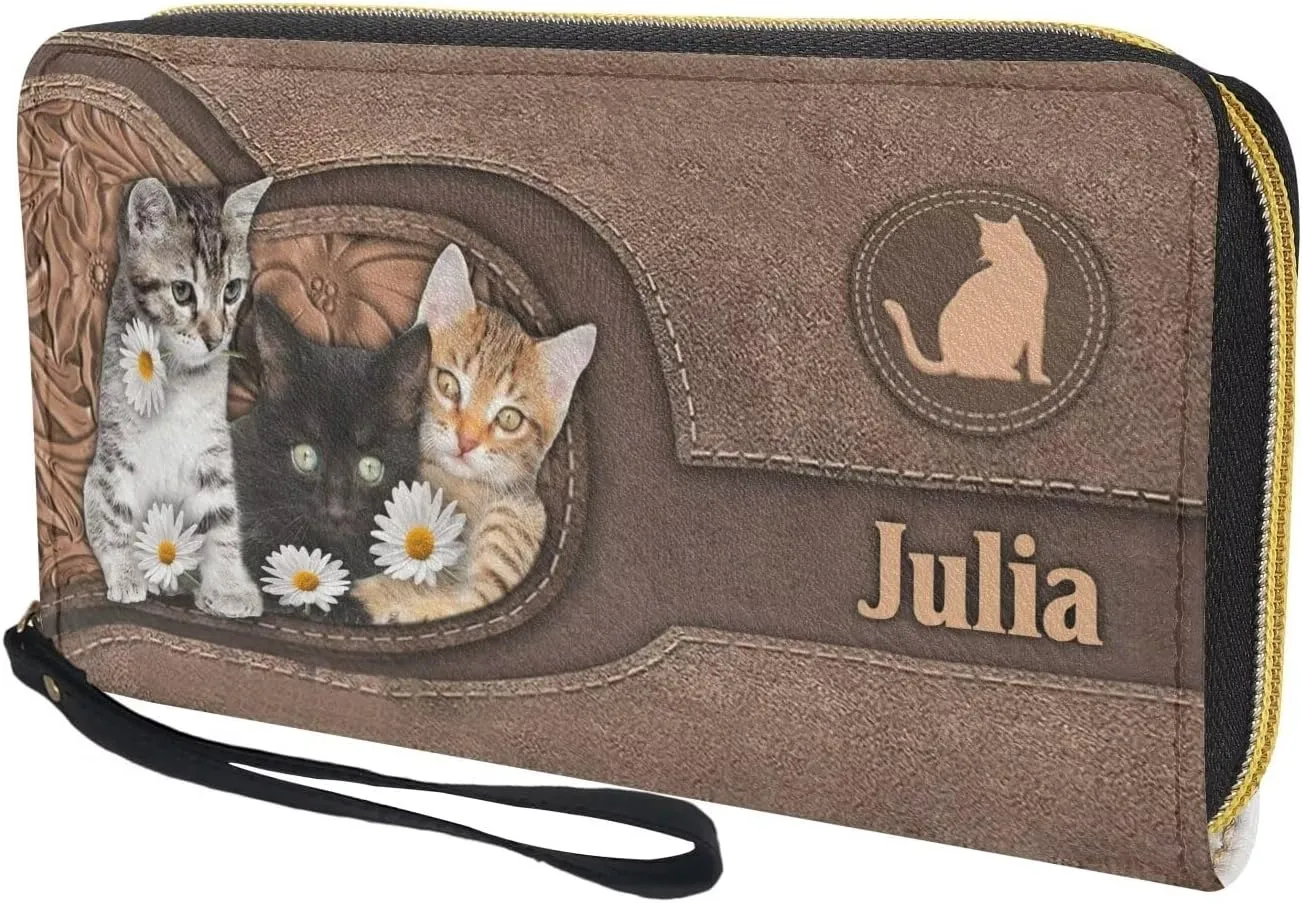 Customizable Wristlet Wallet With Name Personalized Cat Long Wallet Credit Card Large Capacity Zip Around Anniversarie Birthday Gift for Wife Pet Lover