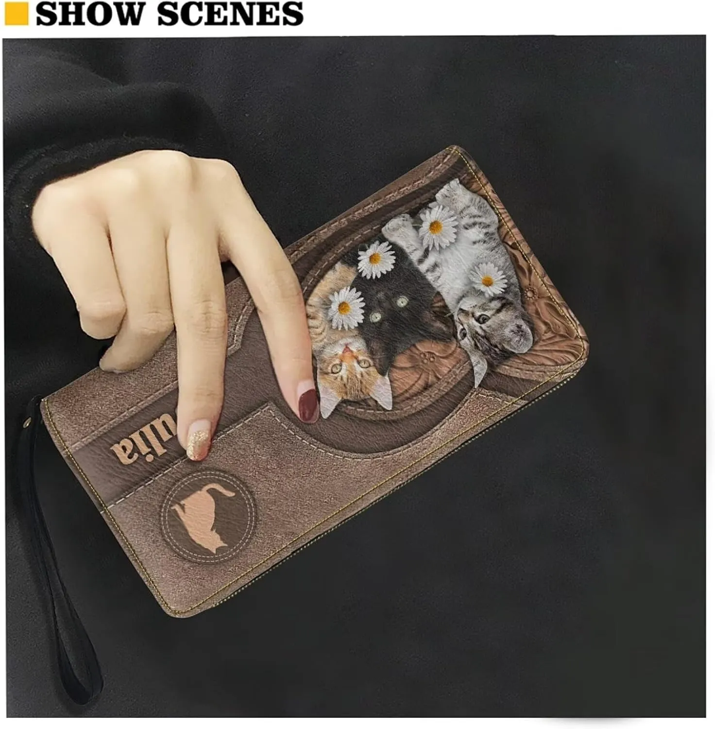 Customizable Wristlet Wallet With Name Personalized Cat Long Wallet Credit Card Large Capacity Zip Around Anniversarie Birthday Gift for Wife Pet Lover